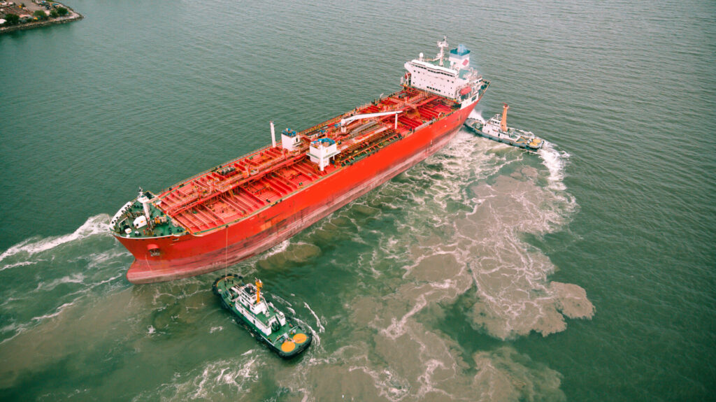 Propeller wash generated by tugboats.